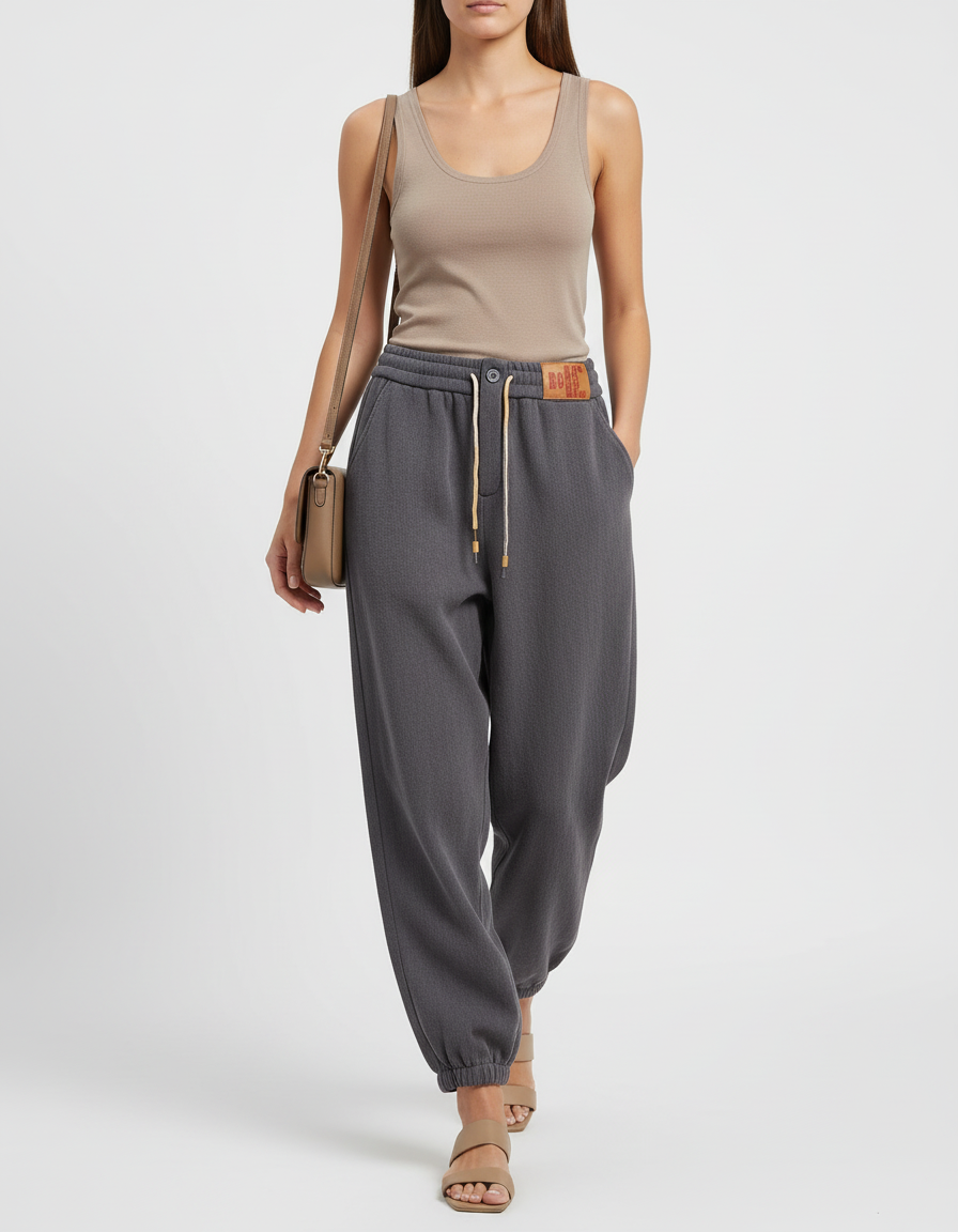 Pantalon Baggy Gris Cordon Décontracté Femme - Molleton