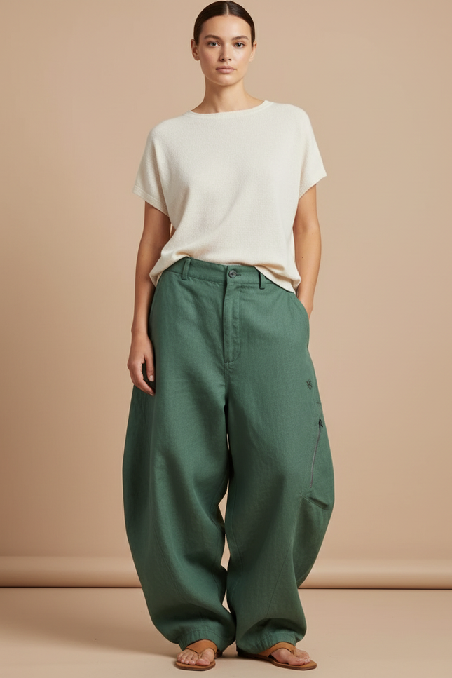 Pantalon Baggy Vert Ample Lin Décontracté Taille Haute