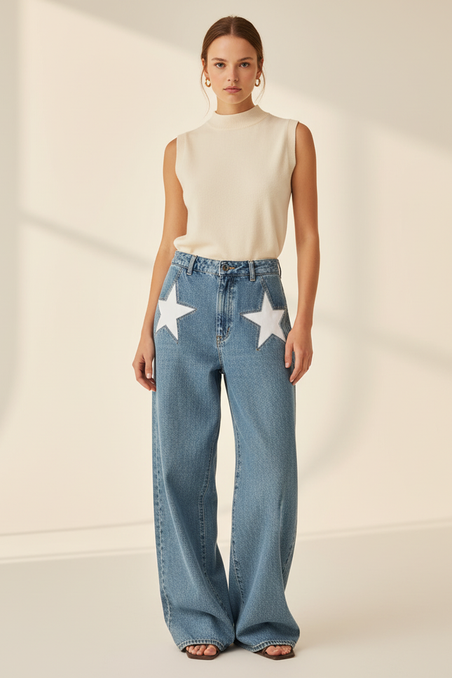 Pantalon Baggy Bleu Jean Étoiles Blanches Ample