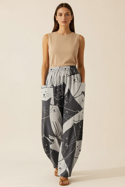 Pantalon Baggy Imprimé Chats Gris Ample Confortable - Coton