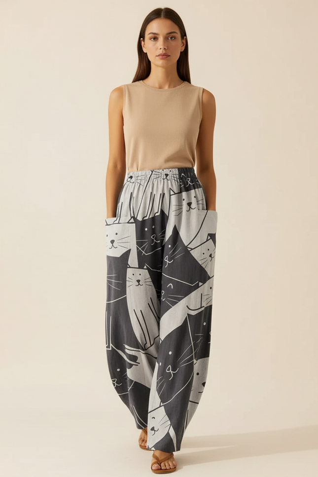 Pantalon Baggy Imprimé Chats Gris Ample Confortable - Coton