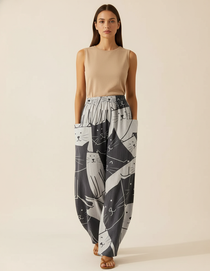 Pantalon Baggy Imprimé Chats Gris Ample Confortable - Coton