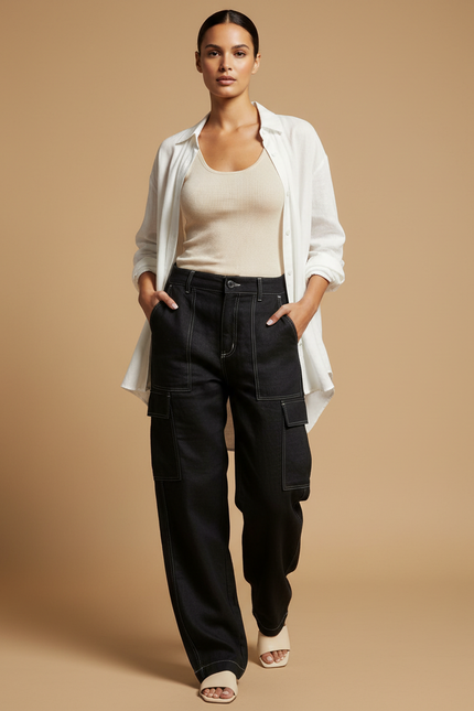 Pantalon Baggy Noir Cargo Décontracté Surpiqûres Blanches - Jean