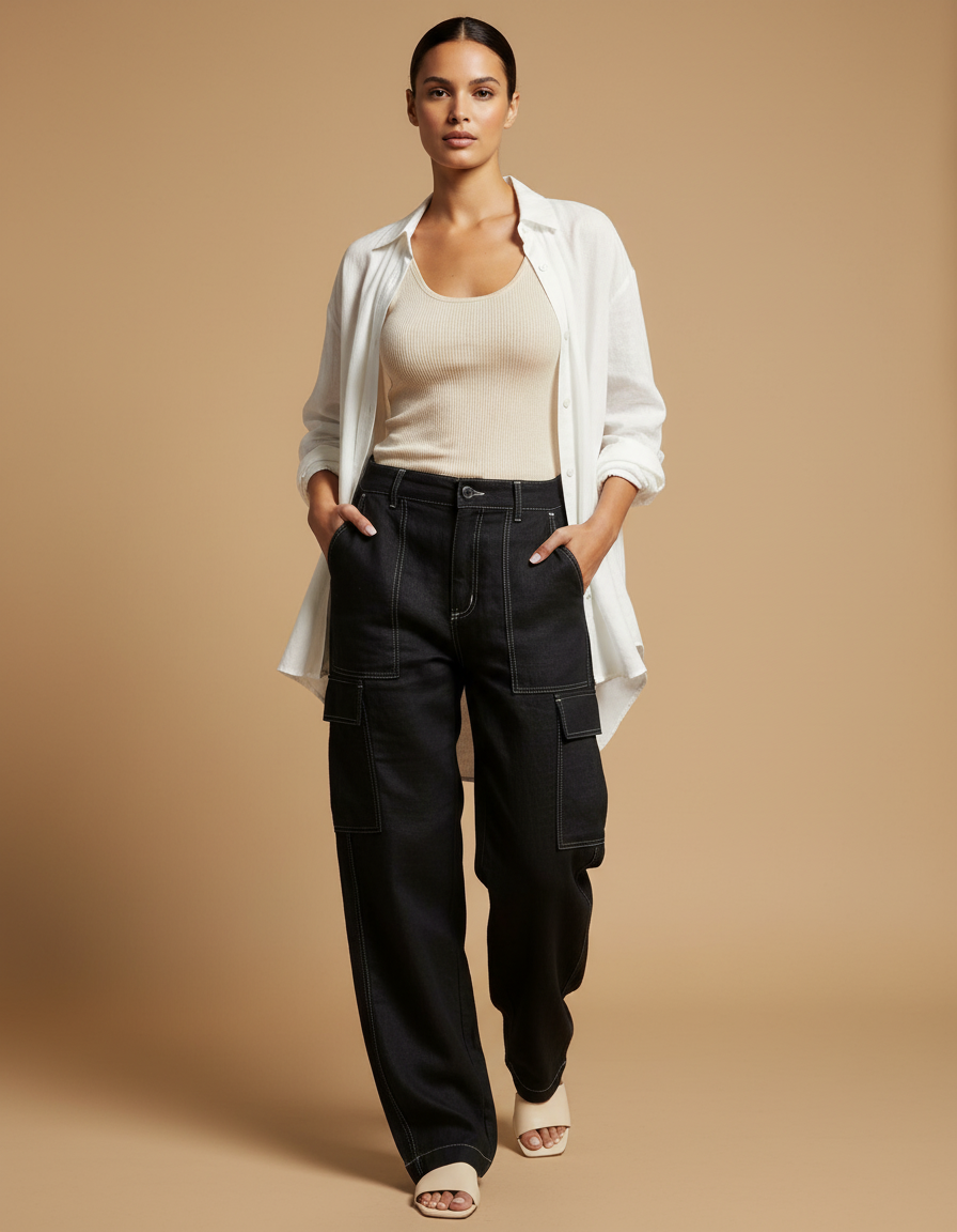 Pantalon Baggy Noir Cargo Décontracté Surpiqûres Blanches - Jean