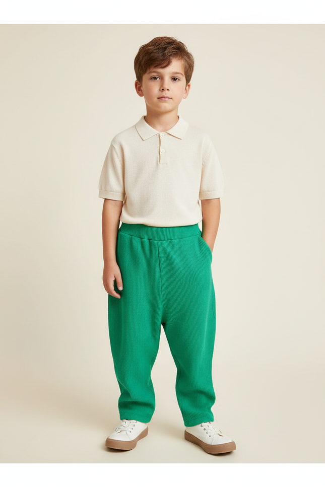 Pantalon Baggy Vert Côtelé Ample Confortable Enfant - Maille