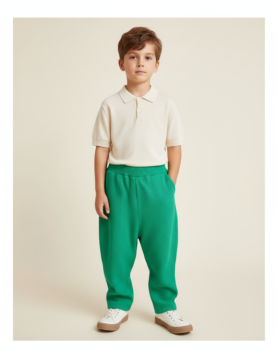 Pantalon Baggy Vert Côtelé Ample Confortable Enfant - Maille