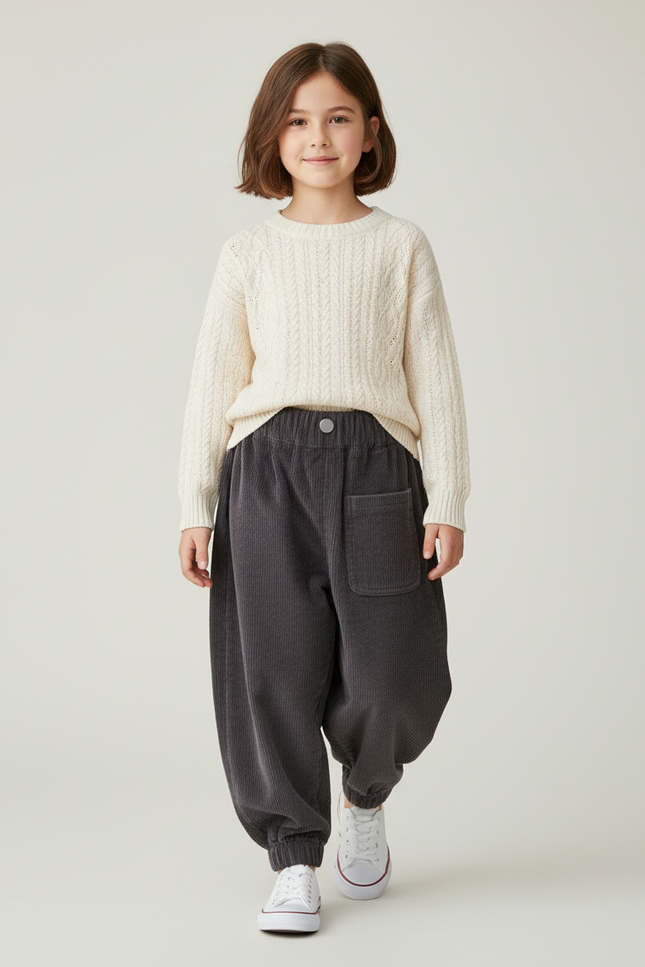 Pantalon Baggy Côtelé Gris Ample Confortable Enfant - Cordé