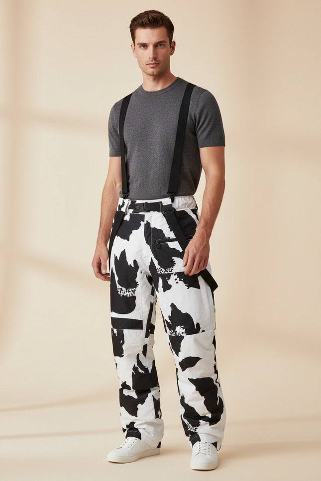 Pantalon Baggy Imprimé Noir Blanc Bretelles Ski Imperméable - Polyester