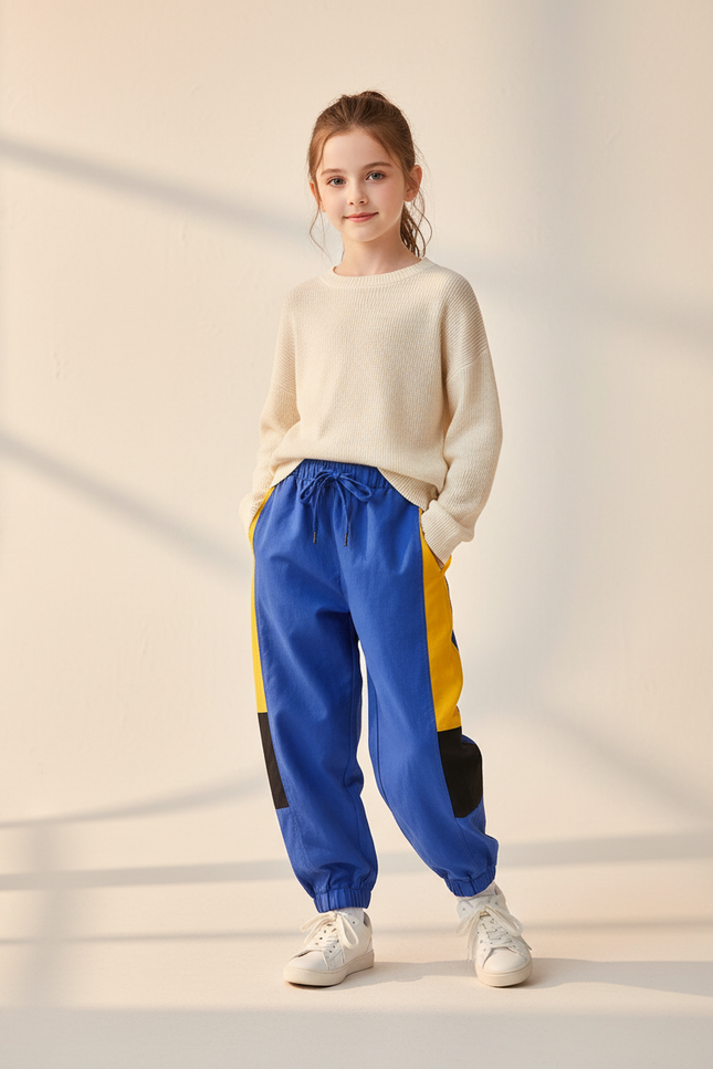Pantalon Baggy Bleu Jaune Patchwork Cordon Enfant - Multicolore Toile