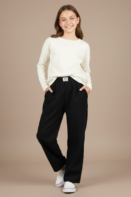 Pantalon Baggy Noir Côtelé Ample Décontracté Fille - Cordé