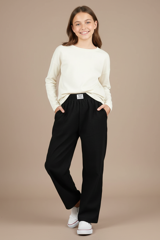 Pantalon Baggy Noir Côtelé Ample Décontracté Fille - Cordé
