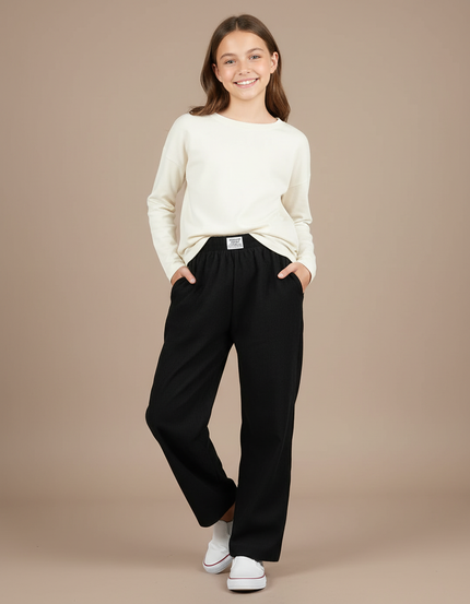 Pantalon Baggy Noir Côtelé Ample Décontracté Fille - Cordé