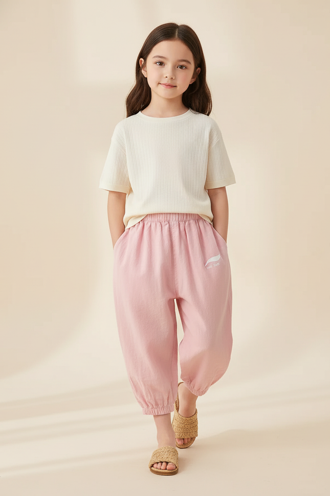 Pantalon Baggy Rose Pâle Coton Lin Ample Enfant