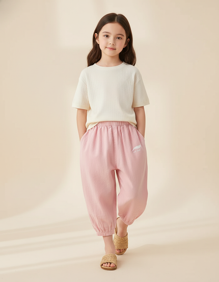 Pantalon Baggy Rose Pâle Coton Lin Ample Enfant