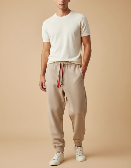Pantalon Baggy Beige Cordon Ample Molletonné Décontracté Homme