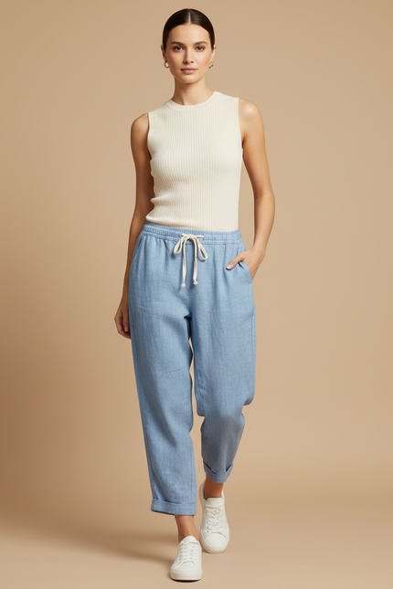 Pantalon Baggy Bleu Lin Ample Cordon Décontracté