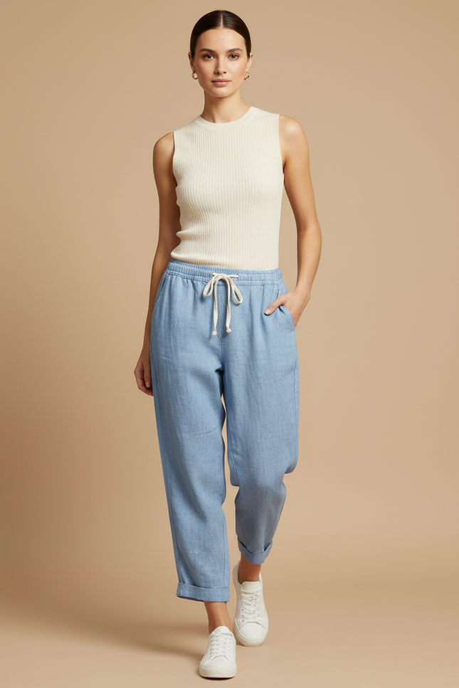 Pantalon Baggy Bleu Lin Ample Cordon Décontracté