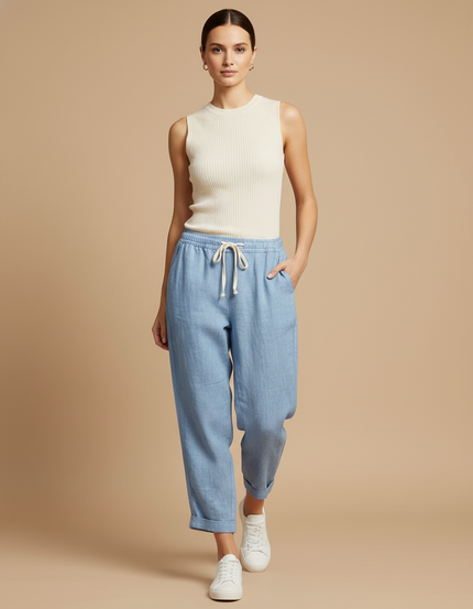Pantalon Baggy Bleu Lin Ample Cordon Décontracté