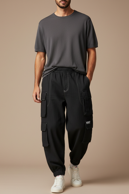 Pantalon Baggy Noir Cargo Décontracté Multi-Poches Homme - Toile