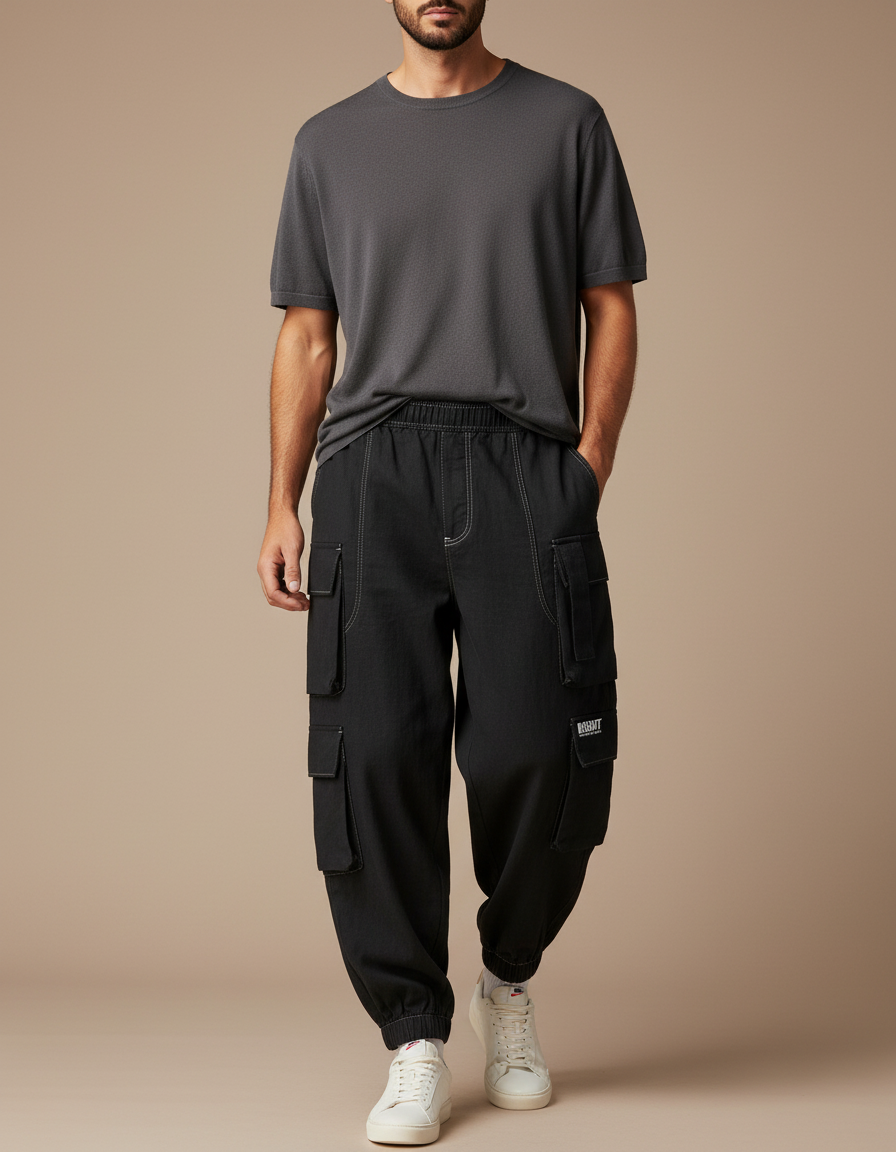 Pantalon Baggy Noir Cargo Décontracté Multi-Poches Homme - Toile