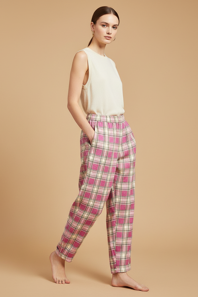 Pantalon Baggy Rose Écossais Ample Décontracté Fluide - Laine