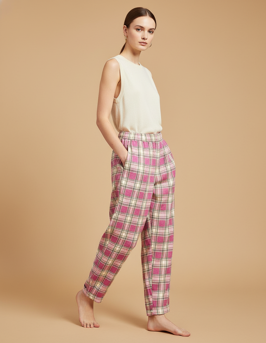 Pantalon Baggy Rose Écossais Ample Décontracté Fluide - Laine