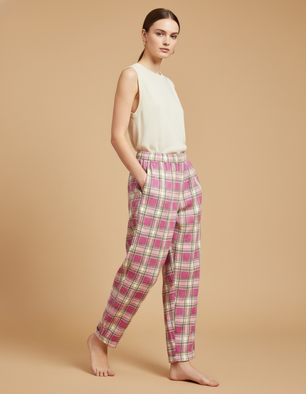 Pantalon Baggy Rose Écossais Ample Décontracté Fluide - Laine
