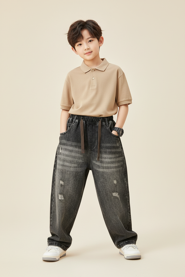 Pantalon Baggy Gris Délavé Ample Enfant Décontracté - Jean