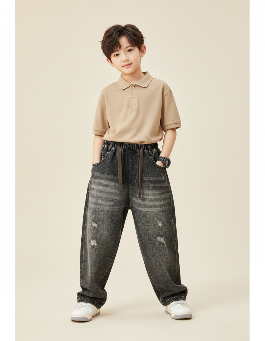 Pantalon Baggy Gris Délavé Ample Enfant Décontracté - Jean