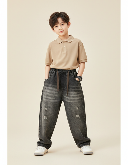 Pantalon Baggy Gris Délavé Ample Enfant Décontracté - Jean