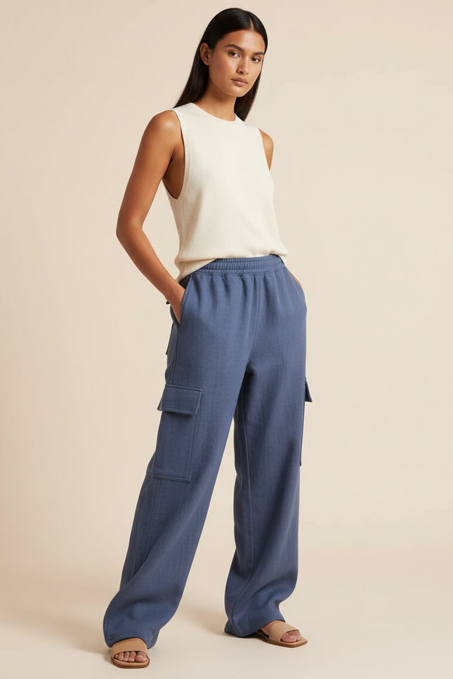 Pantalon Baggy Bleu Cargo Ample Molleton Décontracté