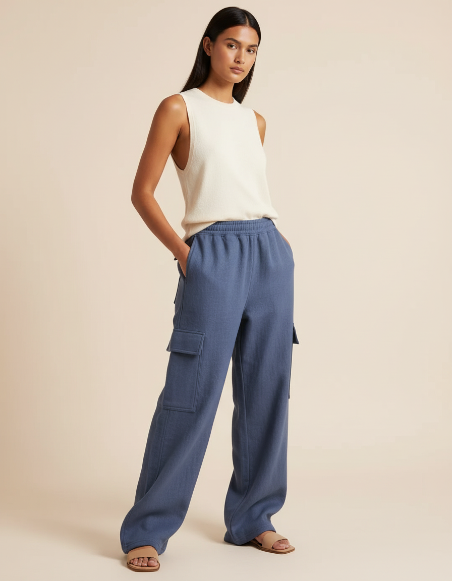 Pantalon Baggy Bleu Cargo Ample Molleton Décontracté