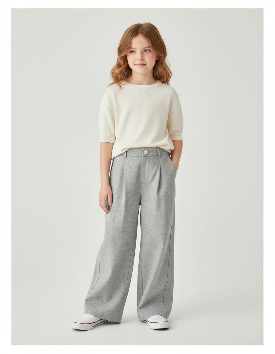Pantalon Baggy Gris Clair Ample Plissé Fille - Molleton