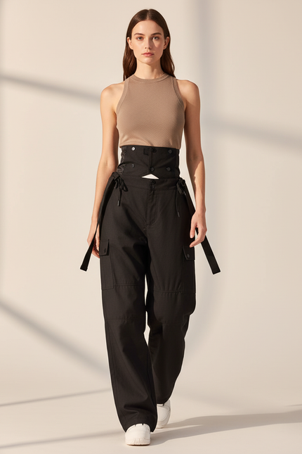 Pantalon Baggy Noir Cargo Taille Haute Ajustable Femme - Gabardine