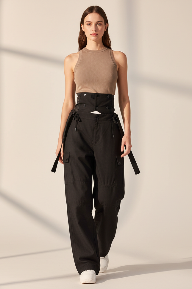 Pantalon Baggy Noir Cargo Taille Haute Ajustable Femme - Gabardine
