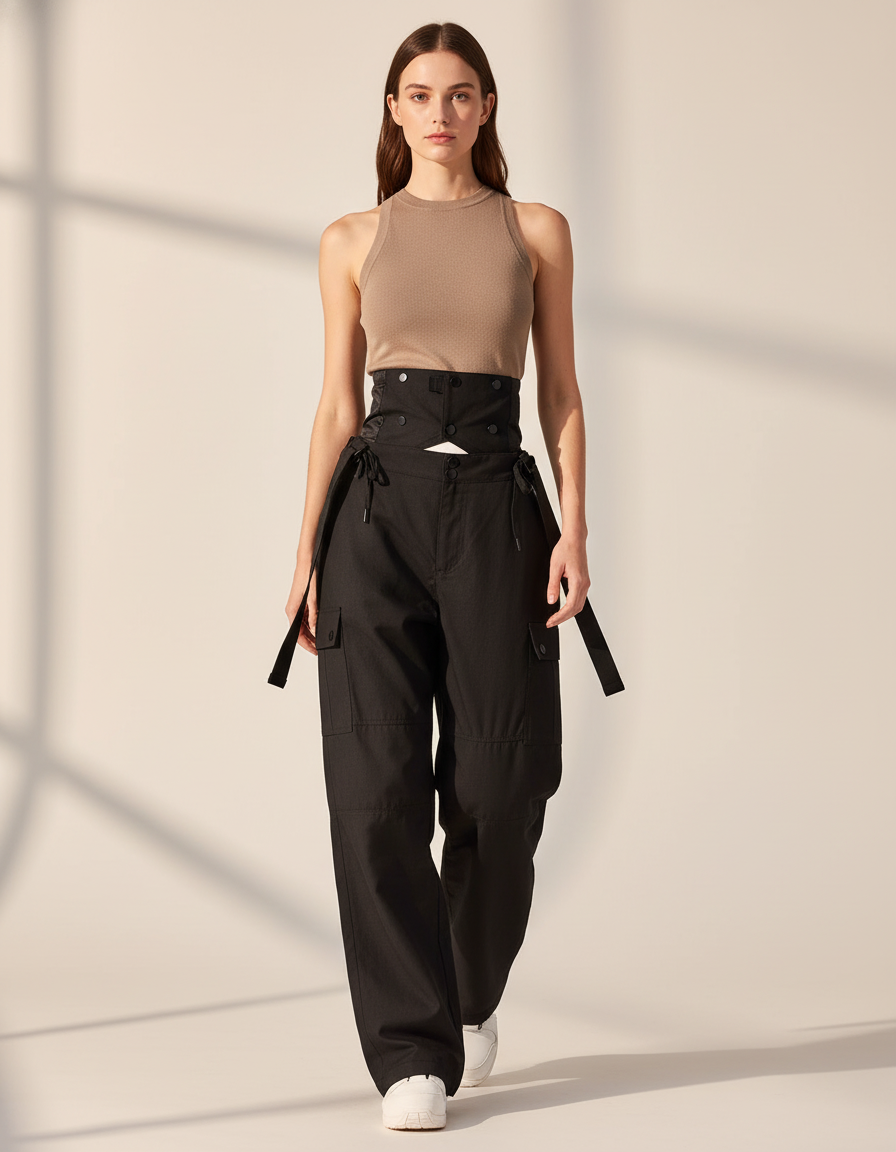 Pantalon Baggy Noir Cargo Taille Haute Ajustable Femme - Gabardine