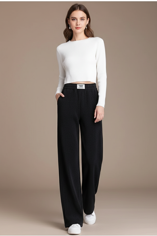 Pantalon Baggy Noir Ample Côtelé Confortable Femme - Maille