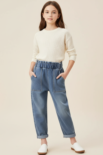 Pantalon Baggy Jean Bleu Denim Ample Élastique Fille