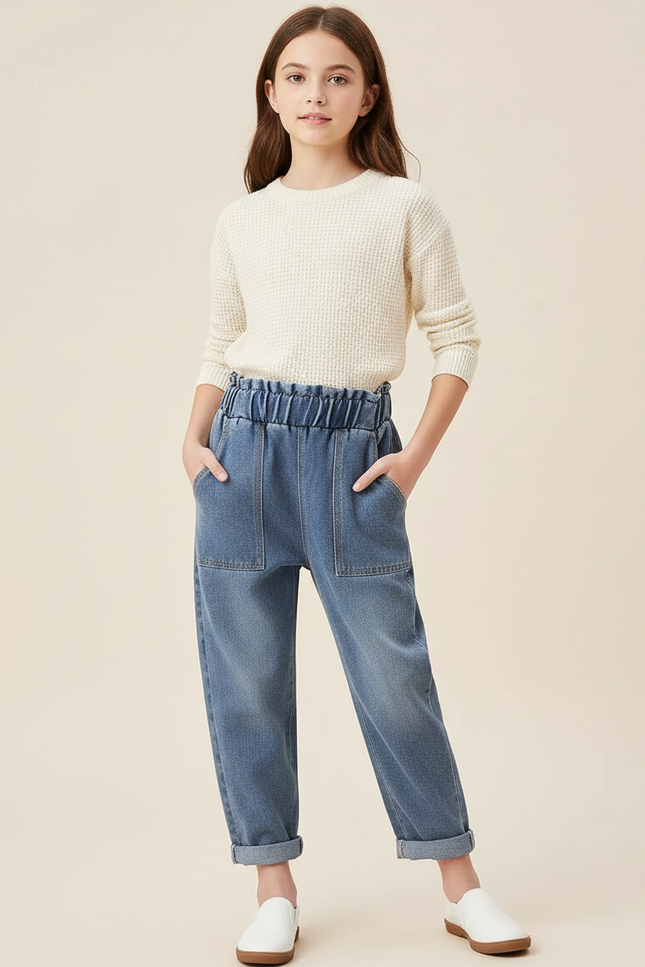 Pantalon Baggy Jean Bleu Denim Ample Élastique Fille