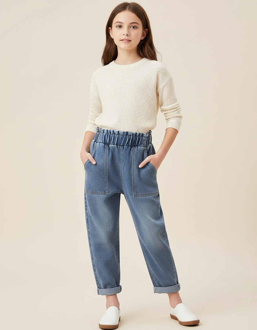 Pantalon Baggy Jean Bleu Denim Ample Élastique Fille