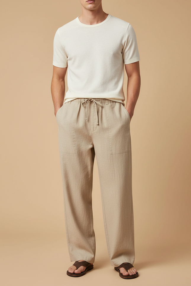 Pantalon Baggy Lin Coton Ample Décontracté Homme - Beige