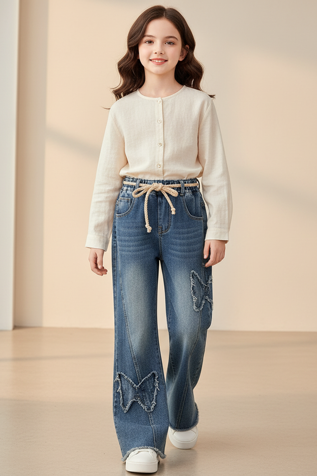 Pantalon Baggy Jean Bleu Papillons Ample Fille