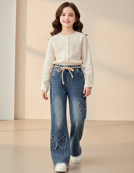 Pantalon Baggy Jean Bleu Papillons Ample Fille