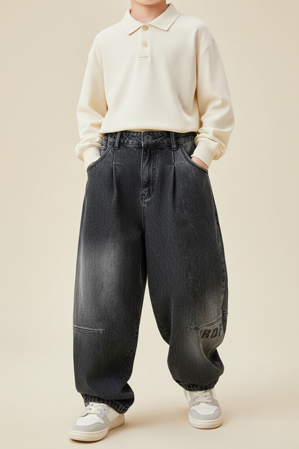 Pantalon Baggy Jean Gris Ample Plissé Garçon