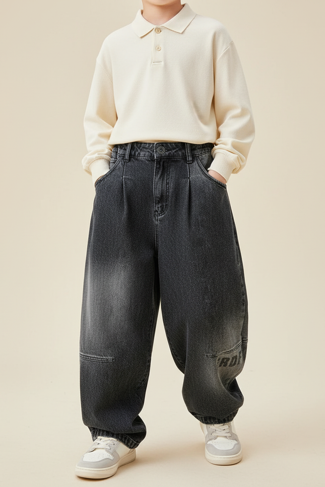 Pantalon Baggy Jean Gris Ample Plissé Garçon