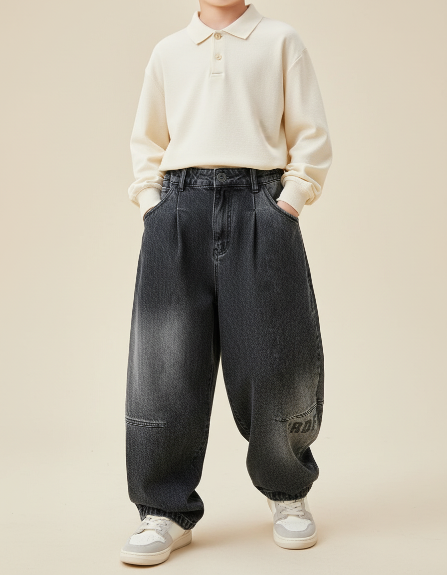 Pantalon Baggy Jean Gris Ample Plissé Garçon