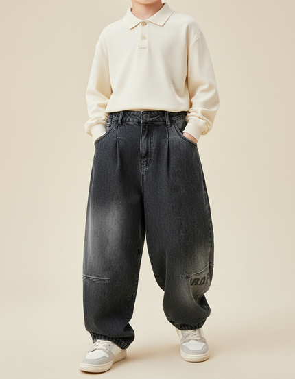 Pantalon Baggy Jean Gris Ample Plissé Garçon