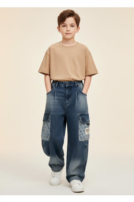 Pantalon Baggy Jean Bleu Décontracté Ample Imprimé Enfant