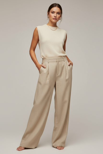 Pantalon Baggy Beige Ample Taille Haute Droit Élégant - Gabardine
