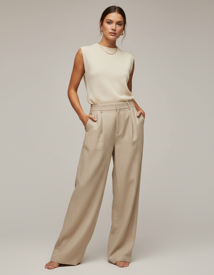 Pantalon Baggy Beige Ample Taille Haute Droit Élégant - Gabardine